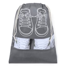 A grey drawstring bag with a shoe print design, featuring a transparent pocket at the bottom for shoes.
