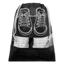 A black drawstring bag with a transparent lower section displaying white sneakers and a shoe graphic on the front.