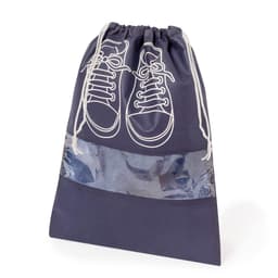 A navy drawstring bag with a transparent panel and white sneaker design. It has a branding logo.