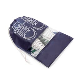 A navy bag with a drawstring closure, featuring a transparent section displaying white sneakers inside. It has a logo.