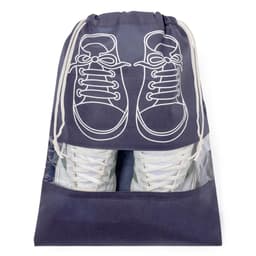 A navy drawstring bag featuring a shoe graphic, with a transparent section showcasing white sneakers inside.