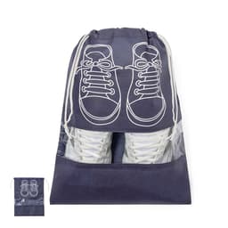 A navy drawstring bag featuring a transparent compartment for shoes, with a printed shoe design on the front.
