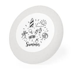 A white frisbee featuring a graphic design with summer-themed illustrations and a logo in the centre.
