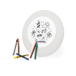 A frisbee with a summer-themed design in the centre, surrounded by colourful crayons. It has a light grey border.