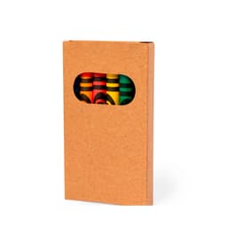 A cardboard box featuring a transparent window with colourful crayons visible inside.