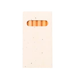 A pack of six wooden coloured pencils displayed in a textured, neutral-toned packaging with a cut-out window.