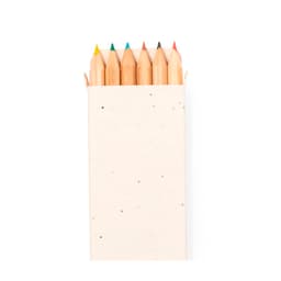 A box containing coloured pencils in shades of red, green, blue, yellow, black, and orange, with a simple cardboard packaging.