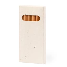 A set of coloured pencils housed in a sleek, rectangular white holder with a window, featuring a minimalistic design.