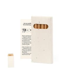 A set of coloured pencils packaged in a rectangular, textured white box with a window showcasing the pencils inside.