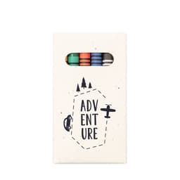 A novelty item featuring a cream-coloured case with an illustration, containing coloured crayons. It has a simplistic logo.