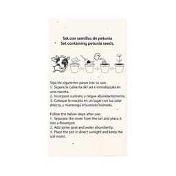 A seed packet with petunia seeds, featuring illustrations and instructions. The packet has natural tones with a branding logo.