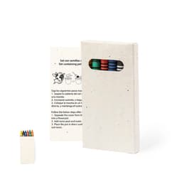 A novelty seed pencil set in a textured, light grey container with colourful pencils partially visible.