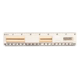 A wooden ruler with measurements in inches and centimeters, featuring a silver sharpener on one end.