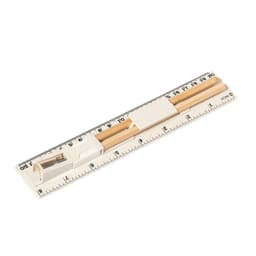 A wooden pencil and a transparent ruler with measurements in centimetres and inches, featuring a logo.