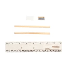 A wooden ruler, two wooden pencils, a sharpener, and an eraser, all arranged on a white background.