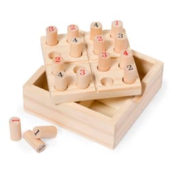 A wooden puzzle game with numbered pegs and a two-tiered base, featuring natural wood colour and a minimalist design.