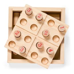 A wooden puzzle with four numbered pegs and corresponding holes, featuring a light wood finish and red numbers.