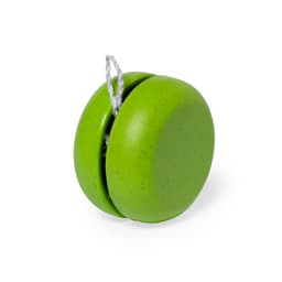 A green yo-yo with a smooth finish and a white string attached. Features a logo on the surface.