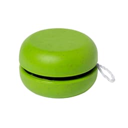 A green yo-yo with a smooth finish and a string attached, featuring a simple round design and a logo.