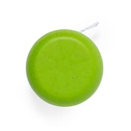 A green yo-yo with a smooth finish and a string attached. It features a simple, rounded design.
