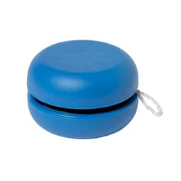 A blue yo-yo with a smooth finish and a string, featuring a branding logo.