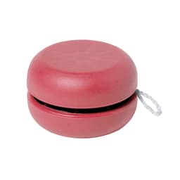 A red yo-yo with a smooth, rounded design and a string attached. The surface has a speckled texture.