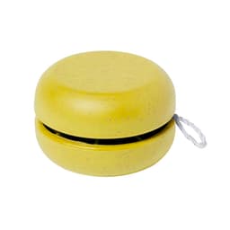 A yellow yo-yo with a glossy finish and a string attached, featuring a smooth, rounded design.