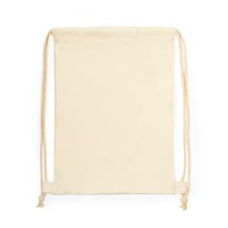 A drawstring backpack in a light cream colour with beige cords for closure. Features a simple, unbranded design.