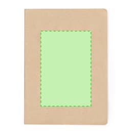 A kraft notebook with a light green rectangular space on the cover, featuring a branding logo at the bottom.