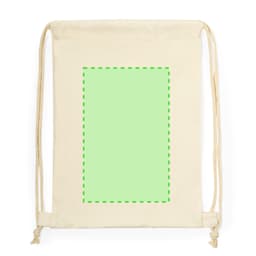 A drawstring bag in a natural tone with an empty green rectangular design area.