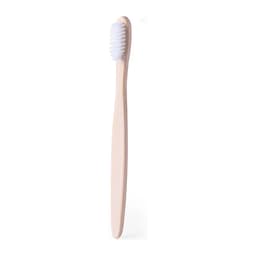 A wooden toothbrush with soft white bristles, featuring a sleek and simple design.