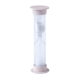 A clear hourglass with a light grey base, featuring a white sand interior and branding on the base.