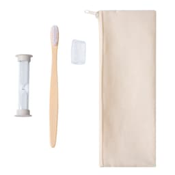 A natural-coloured pouch containing a wooden toothbrush, an hourglass timer, and a case for dental tablets.