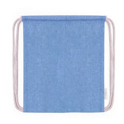 A blue drawstring bag with light pink cords and a small logo at the base.
