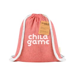 A pink drawstring bag with white rope straps, featuring a logo and made from recycled cotton.