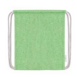 A green drawstring bag with a textured surface and matching rope handles. It features a logo.