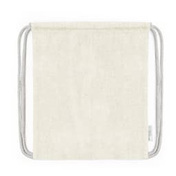 A light beige drawstring bag with grey cords and a small logo on the side.
