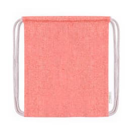 A coral drawstring bag with rope handles, featuring a simple design and a branding logo.