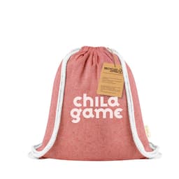 A red drawstring bag made of recycled cotton, featuring a white logo and contrasting white ropes.