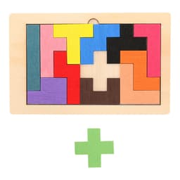A multi-coloured wooden puzzle featuring various shapes, with a green piece placed separately. The base is light wood.