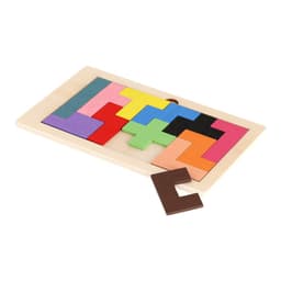 A wooden puzzle featuring brightly coloured geometric pieces in various shapes, with one piece set aside.