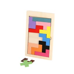 A wooden puzzle featuring various geometric pieces in vibrant colours, displayed in a rectangular frame.