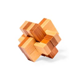 A wooden puzzle made of interlocking pieces in various shades of brown, featuring a geometric design and a logo.