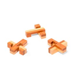A collection of wooden puzzle pieces in various shades of brown, featuring geometric shapes and interlocking designs.