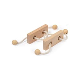 A wooden puzzle featuring two rectangular blocks connected by white ropes with wooden beads on each end.