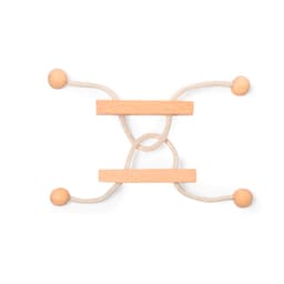 A wooden puzzle featuring two horizontal bars and intertwined ropes with wooden beads on the ends.