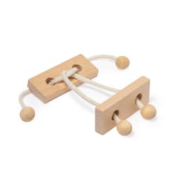 Two wooden puzzle pieces connected by white rope, featuring rounded wooden beads on each end.