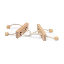 A wooden puzzle featuring two blocks connected by rope, with wooden beads on the ends. The blocks are light coloured.