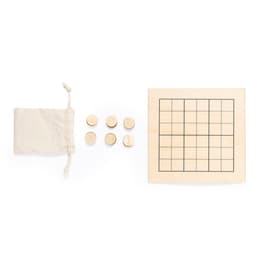 A wooden game board with a grid, six wooden tokens, and a small drawstring bag, all in a natural colour.