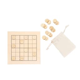 A wooden Sudoku board with a grid and playing tokens in a cloth bag, featuring a natural colour palette.